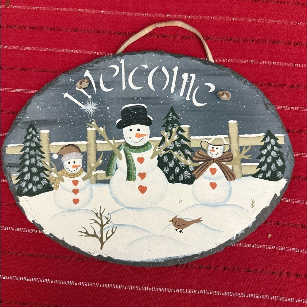 Vintage Hand Painted Snowman Family Slate Welcome Sign Folk Art Door Hanger